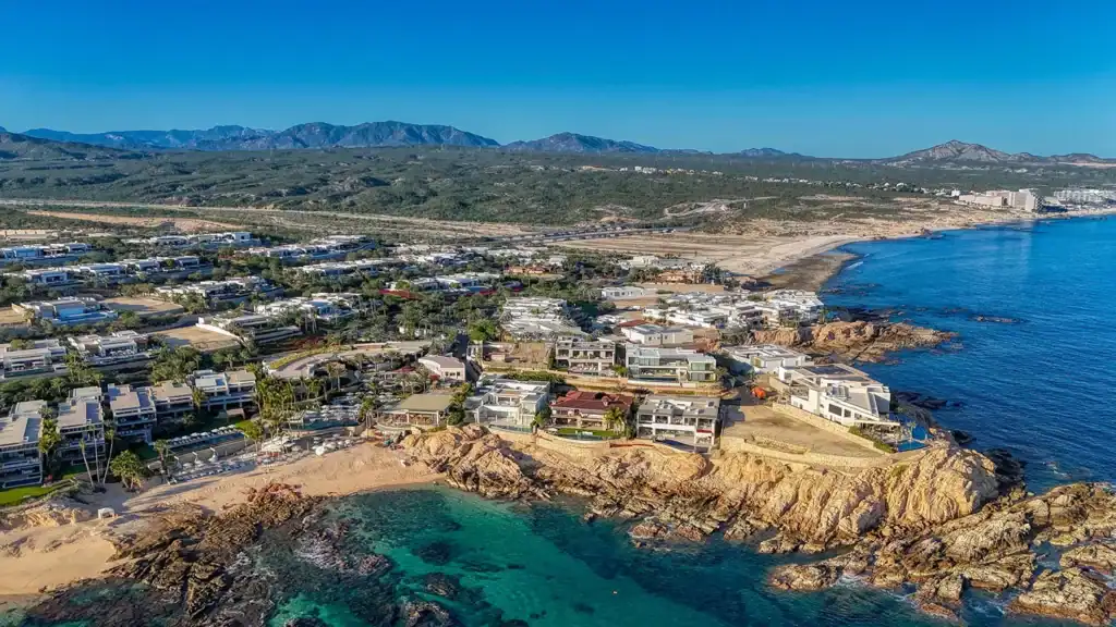 Aerial view of Maravilla Los Cabos oceanfront community on the Sea of Cortez with Sierra de la Laguna mountains