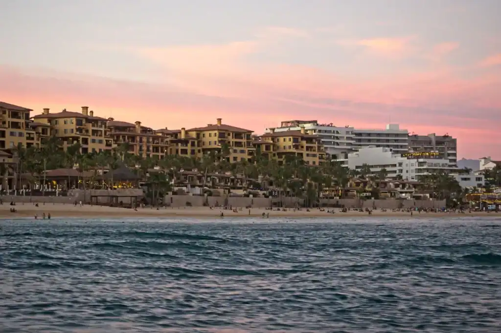 Beachfront resort hotels and condominiums along the Zona Hotelera shoreline at sunset, San José del Cabo, Baja California Sur, Mexico.
