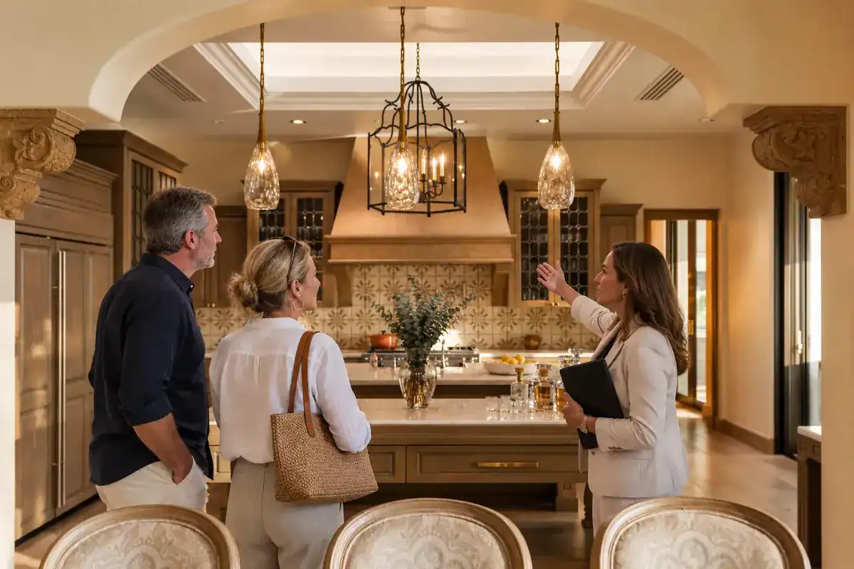 Real estate agent in Los Cabos showing a couple the kitchen of a luxury home