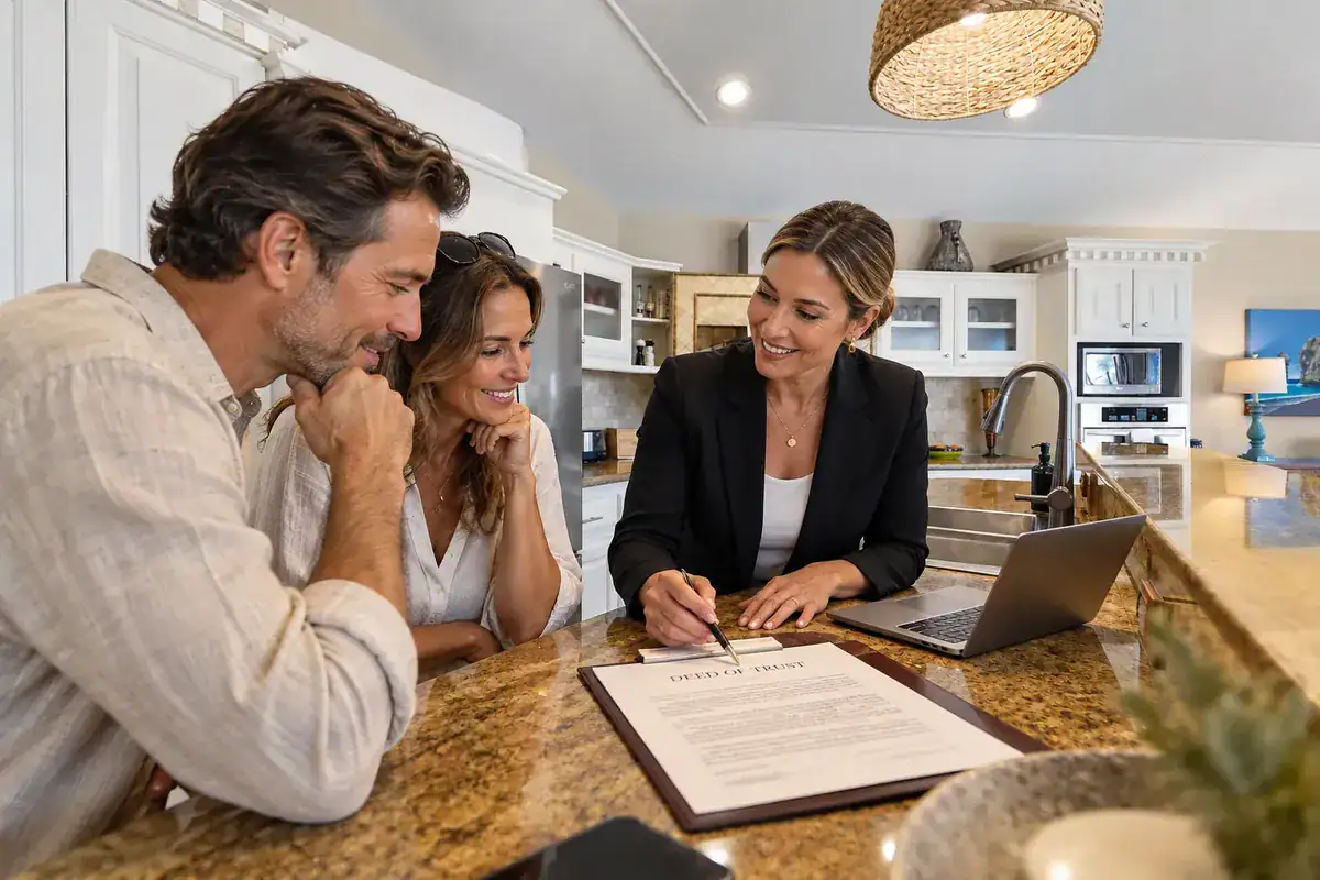Couple reviewing a trust document with an advisor at a kitchen counter, illustrating fideicomiso cost in Los Cabos